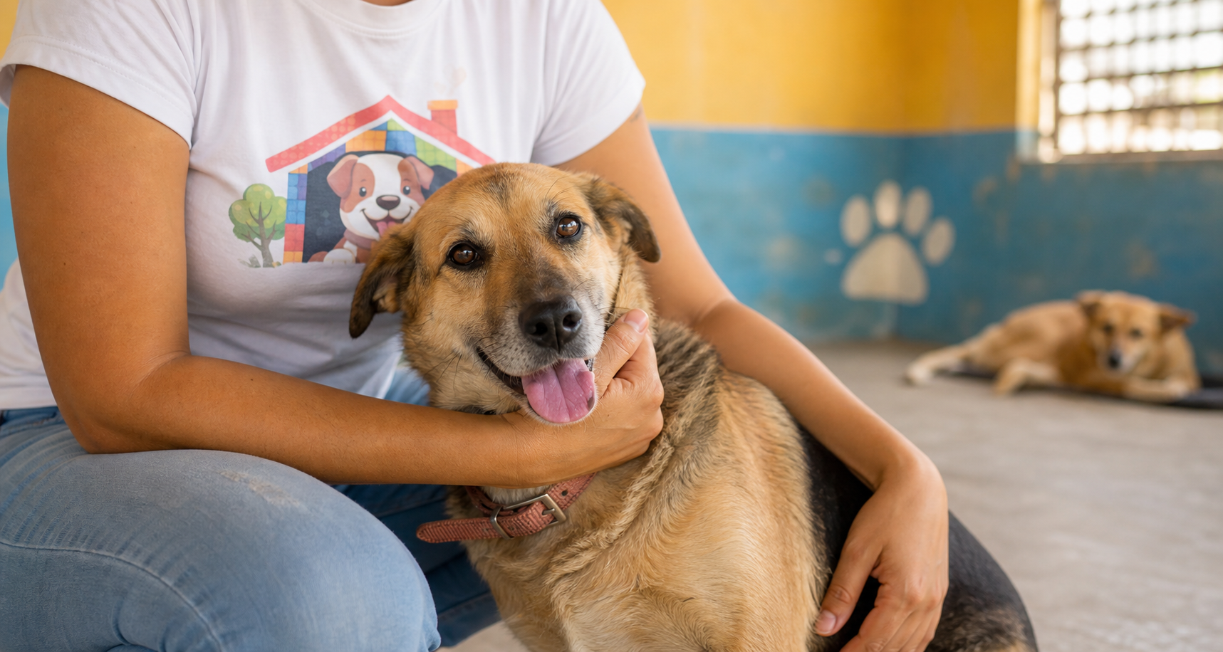 Voluntaria cuidando a un perro rescatado en un espacio de refugio